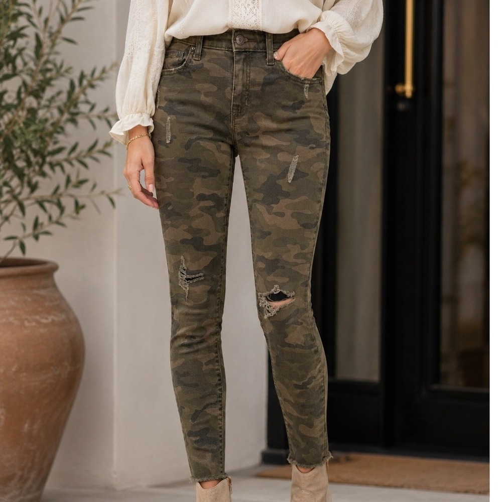 Gap Legging Skimmer Camo Distressed Skinny Jeans Womens 4 27R Olive Green Frayed